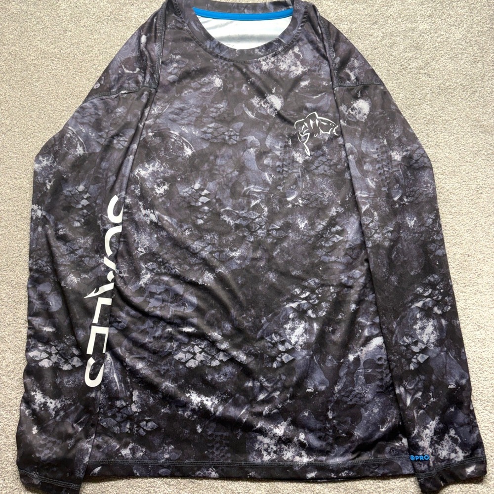 Scales Gear Mens XL Performance Fishing Shirt Long Sleeve Camo Black Grey RPET